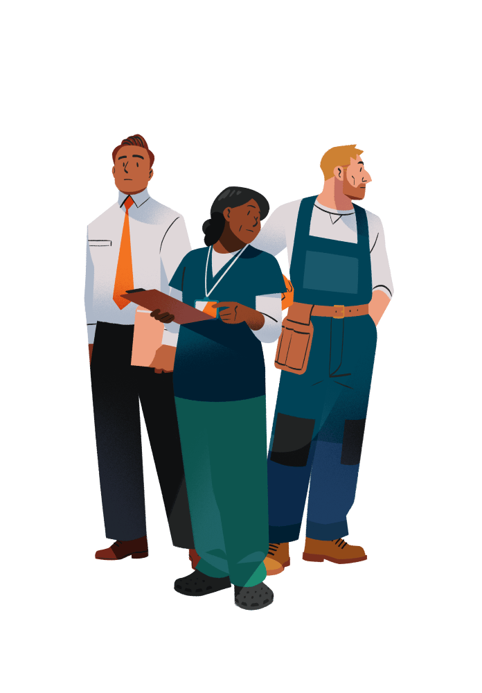 A group of three people standing next to each other, including a salesman, a contractor, and a nurse.