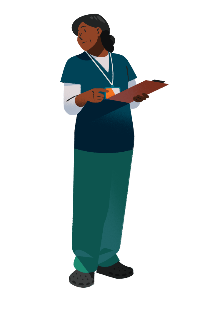A cartoon illustration of a woman wearing blue scrubs and a white shirt holding a clipboard