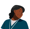 A cartoon illustration of a woman wearing blue scrubs and a white shirt