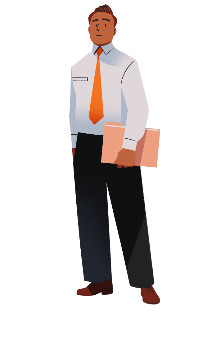 A cartoon of a man wearing a white shirt and orange tie, holding a folder
