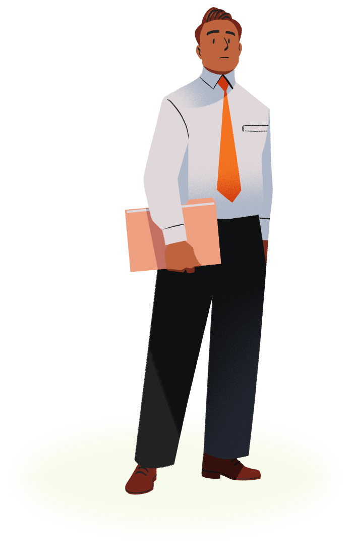 A cartoon of a man wearing a white shirt and orange tie, holding a folder