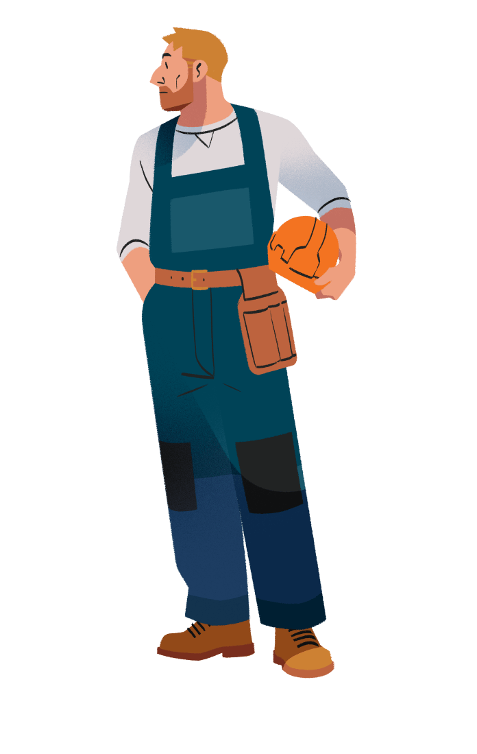 A cartoon illustration of a man with a beard and suspenders, holding a hardhat and wearing a tool belt