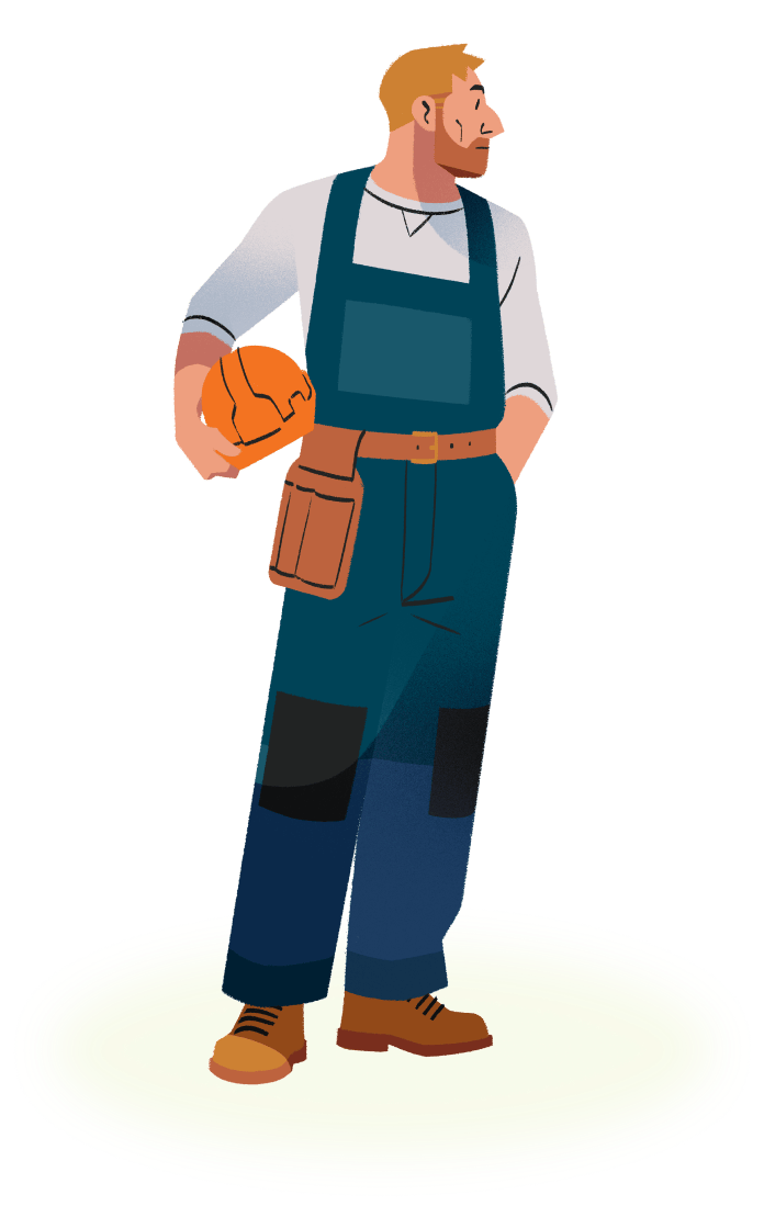A cartoon illustration of a man with a beard and suspenders, holding a hardhat and wearing a tool belt