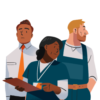 A group of three people standing next to each other, including a salesman, a contractor, and a nurse.