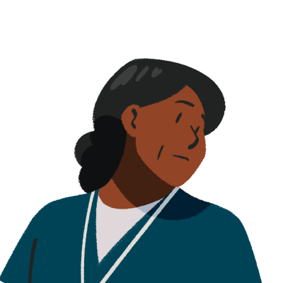 A cartoon illustration of a woman wearing blue scrubs and a white shirt