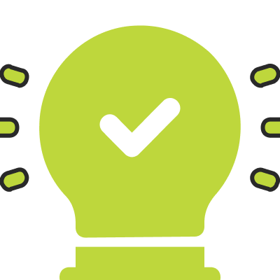 A light bulb with a check mark inside of it in a circle