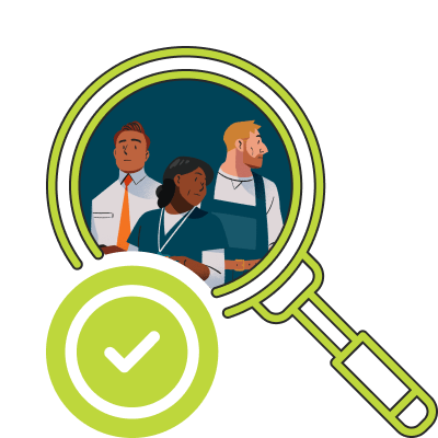 A magnifying glass is looking at a group of people with a checkmark