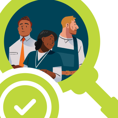 A magnifying glass is looking at a group of people with a checkmark