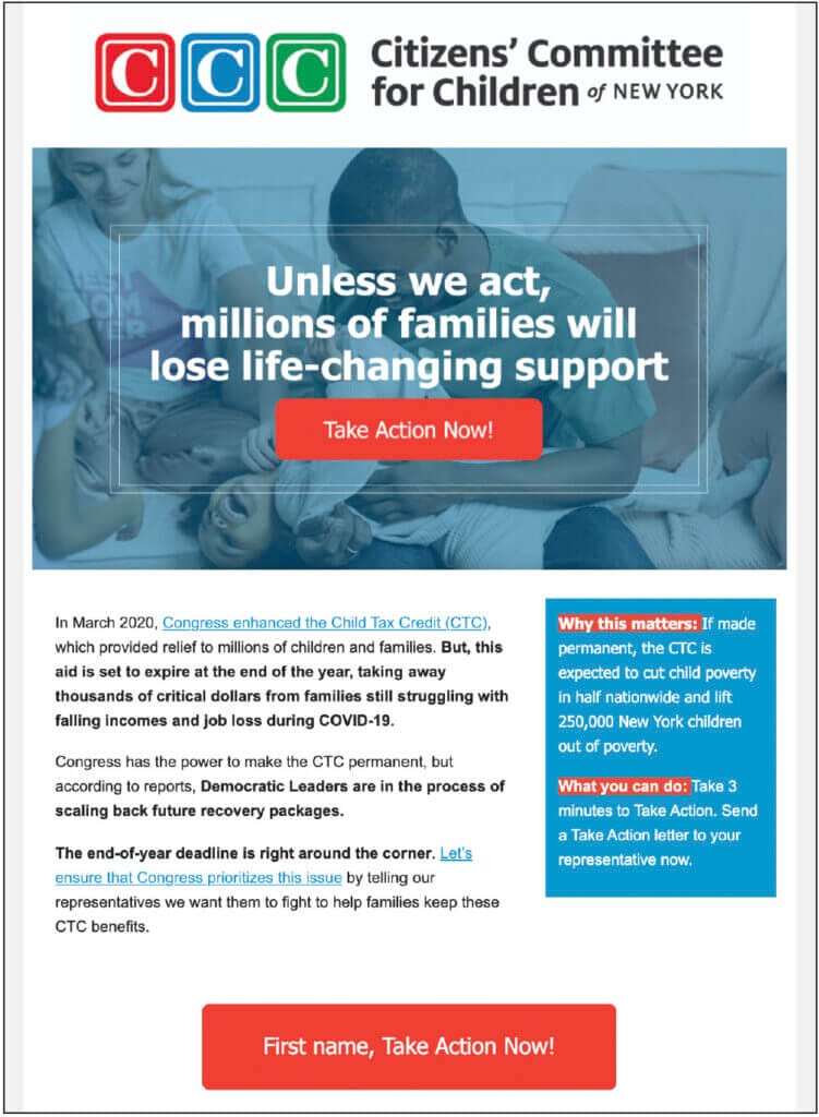 Image of the redesigned “Take Action” campaign email, featuring big red buttons calling to action, a blue callout box for important information, bolded text for emphasis, and a header image.