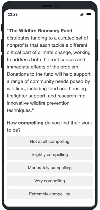 A picture of a phone with a survey question describing the work of a the Wildlife Recovery Fund (which pools donations among multiple nonprofits) and asking how compelling a donor finds the description.